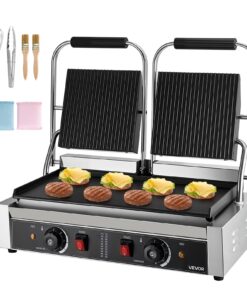 VEVOR Commercial Panini Press Grill 48x23cm – Stainless Steel Sandwich Maker with Adjustable Temp & Non-Stick Griddle