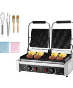 VEVOR Commercial Panini Press Grill 48x23cm – Stainless Steel Sandwich Maker with Dual Heating & Temp Control 50–300°C