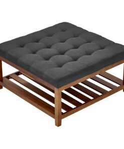 VEVOE 87.5 cm Dark Gray Tufted Ottoman Coffee Table with Solid Wood Frame