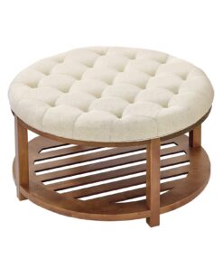 VEVOE 81 cm Round Linen Ottoman Coffee Table with Solid Wood Shelf