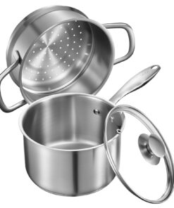 VEVOR 2.4L Stainless Steel Saucepan with Steamer & Glass Lid