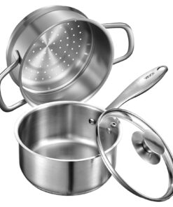 VEVOR 1.4L Stainless Steel Saucepan with Steamer and Glass Lid
