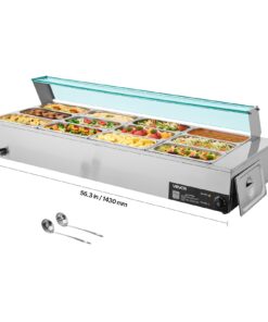 VEVOR 1700W Electric Stainless Steel 12-Pan Buffet Bain Marie Food Warmer with Glass Cover for Catering & Restaurants