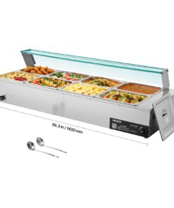 VEVOR 1700W Electric Stainless Steel Buffet Bain Marie with 8 Pans & Glass Cover – Commercial Food Warmer for Catering & Restaurants