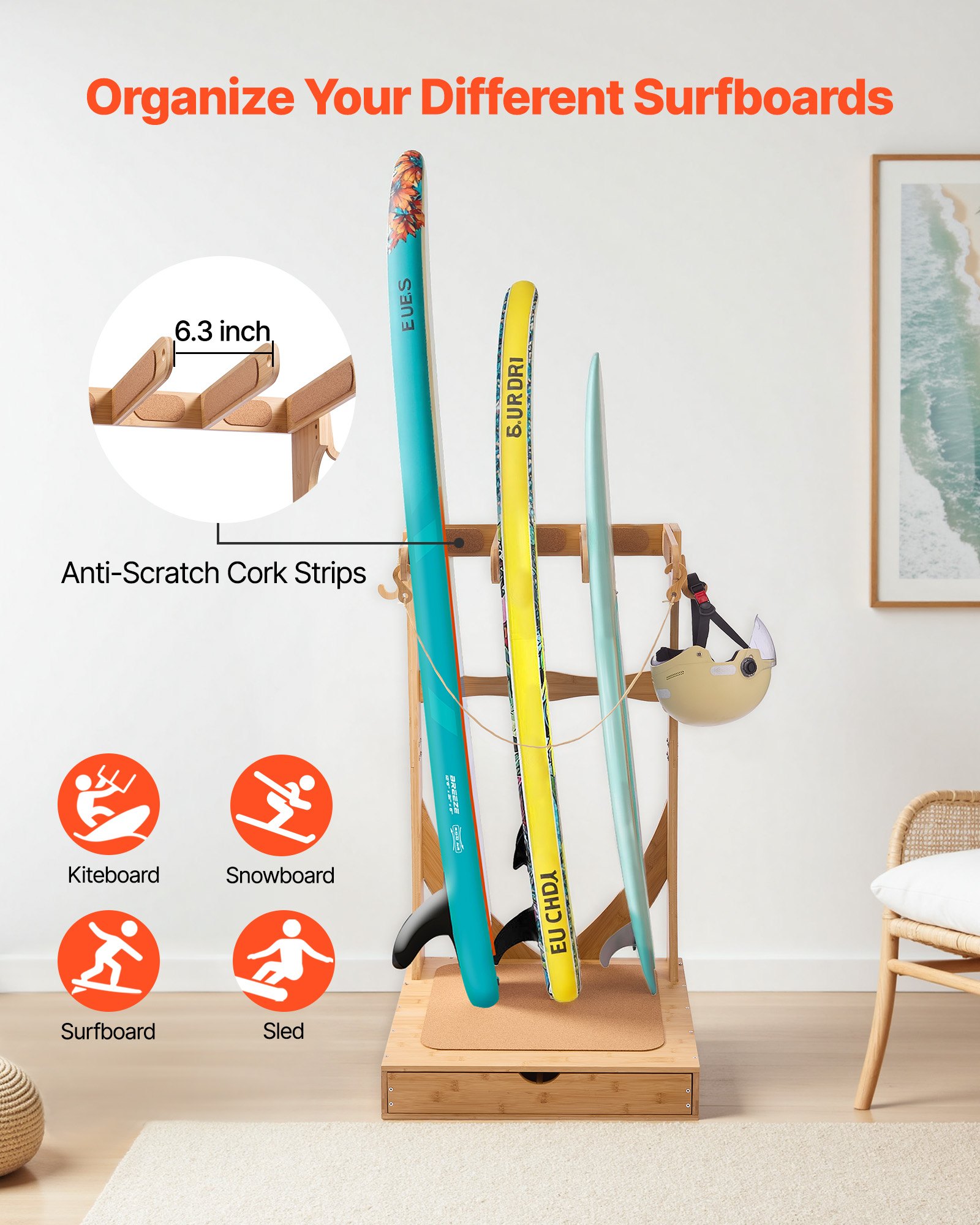 MGAPXDUJsurfboardstandf1  VEVOR Instrumenti un Citi Darbarīki | Pieejami Uzticami Mājas uzlabošanai Freestanding Wooden Stand with Hooks  Drawer for Surfboards