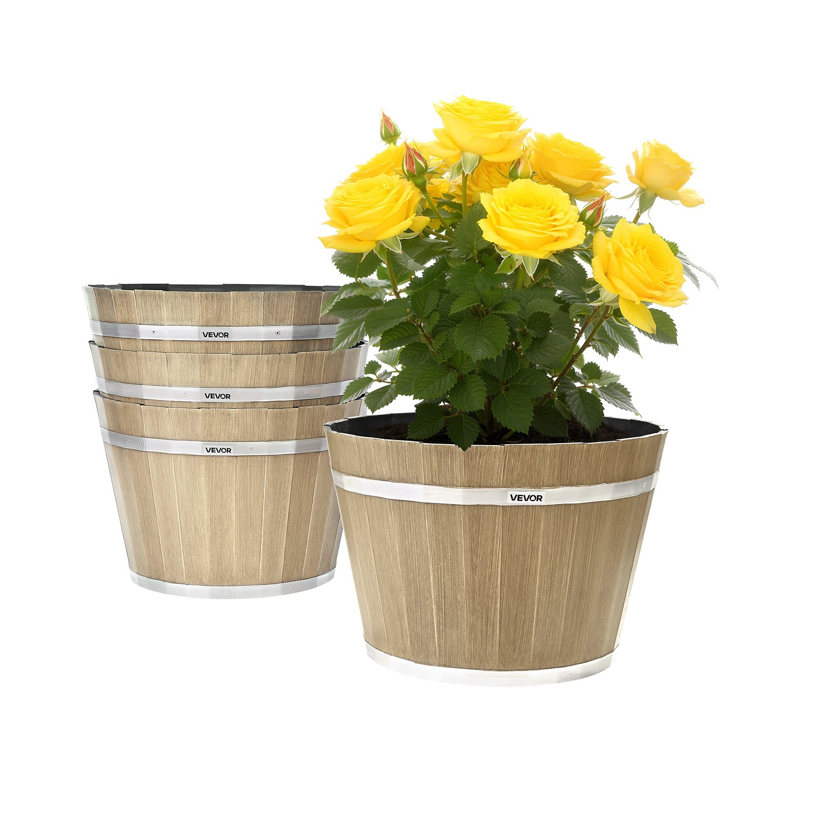 MGB99I9Qbarrelplanterm10012  VEVOR Instrumenti un Citi Darbarīki | Pieejami Uzticami Mājas uzlabošanai VEVOR 4 Pack 300 mm Rustic Plastic Whiskey Barrel Planters with Drainage