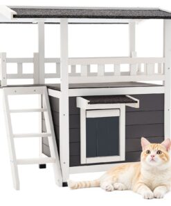 VEVOR 2-Story Wooden Outdoor Cat House with Balcony & Stairs
