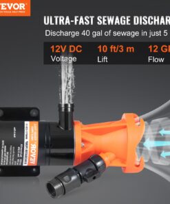 45LPM Quick Release Waste Pump with Metal Hose Clamp & Power Cord for Motorhome/Boat/Camper