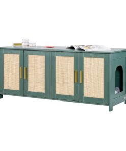 VEVOR 120 cm Green Wooden Cat Litter Box Enclosure with 4 Rattan Doors