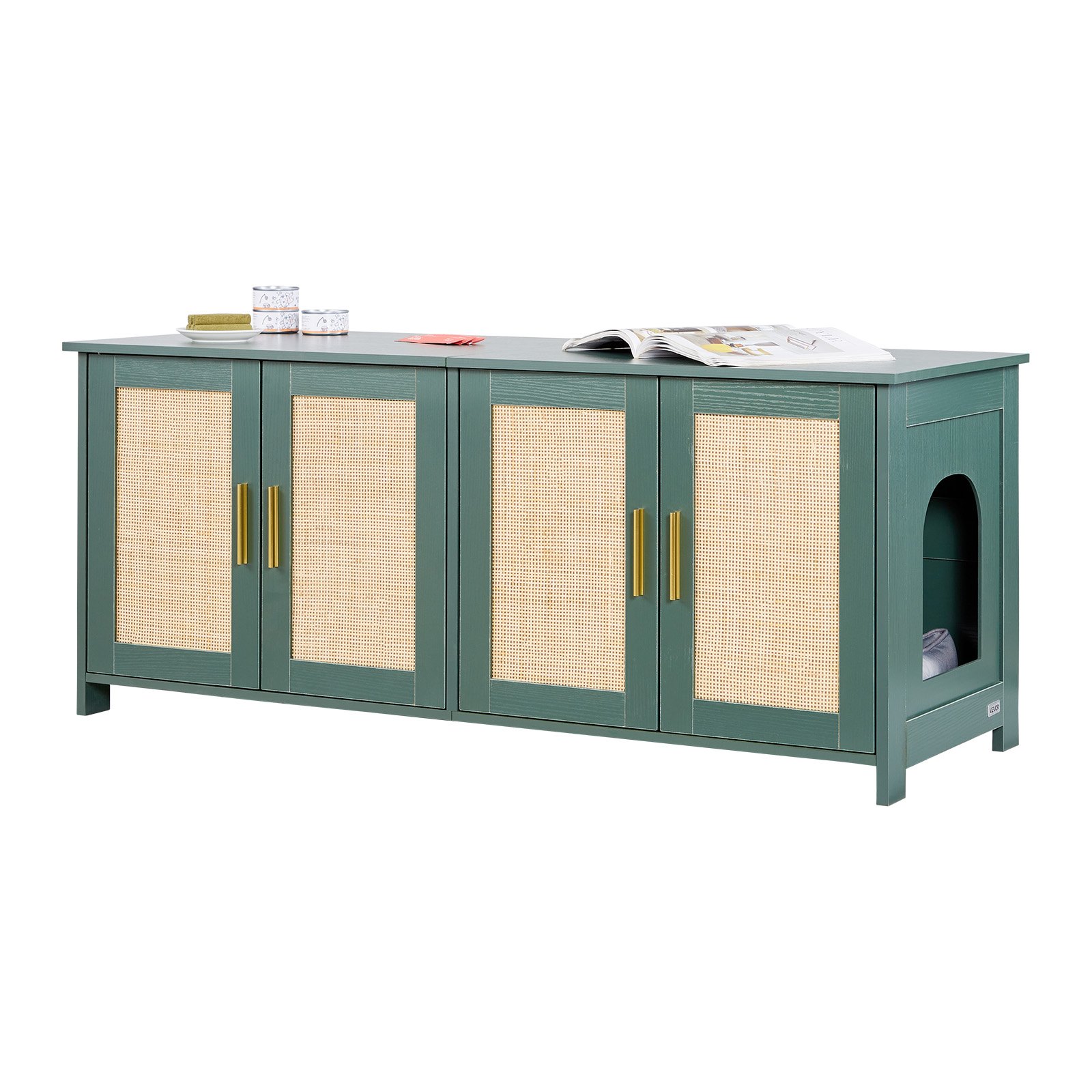 MGTXG07Tcatlitterboxenclosurem10012 VEVORshoplv VEVOR 120 cm Green Wooden Cat Litter Box Enclosure with 4 Rattan Doors