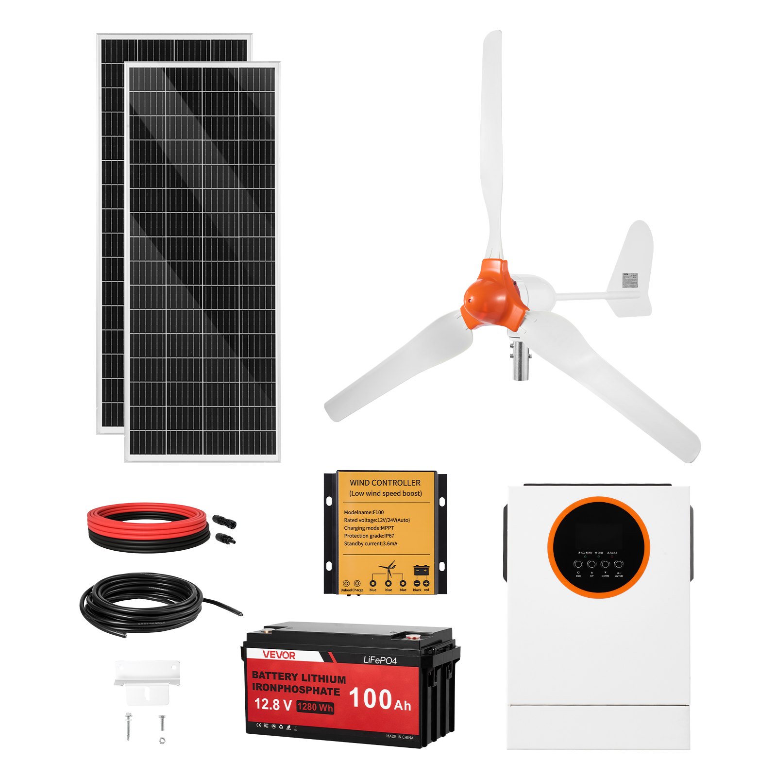 MH3H8T09solarwindpowerkitm10012 VEVORshoplv VEVOR 600W 12V Hybrid Solar Wind Power Kit with 2×100W Panels