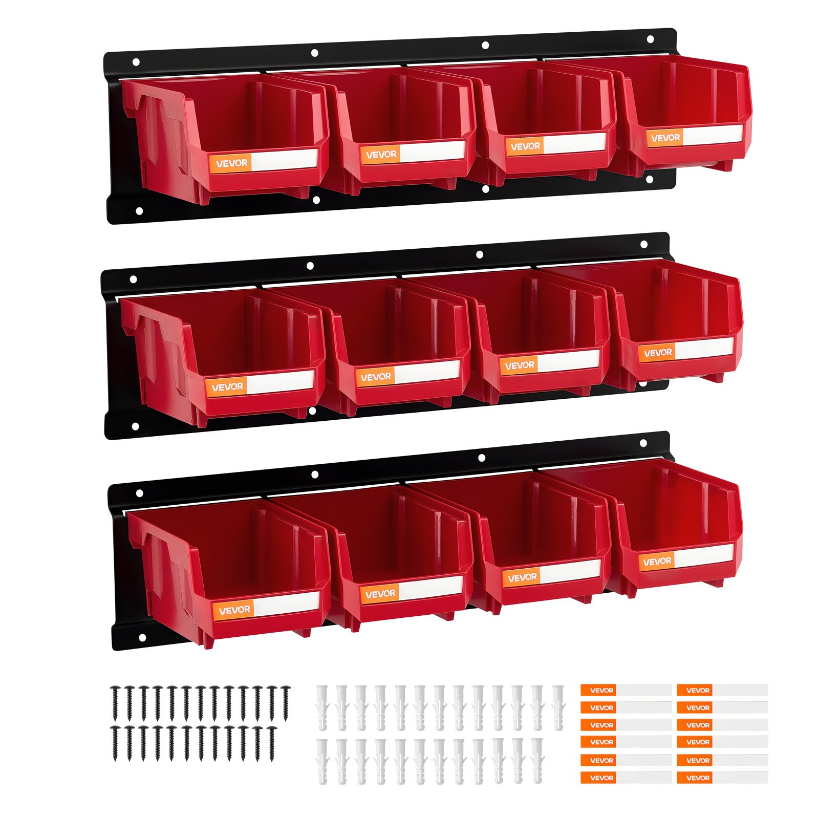 MH9JXI7Wstoragebinsm10012 VEVORshoplv VEVOR Wall Mounted Storage Bins Set 12 Stackable Plastic Bins with 3 Metal Rails