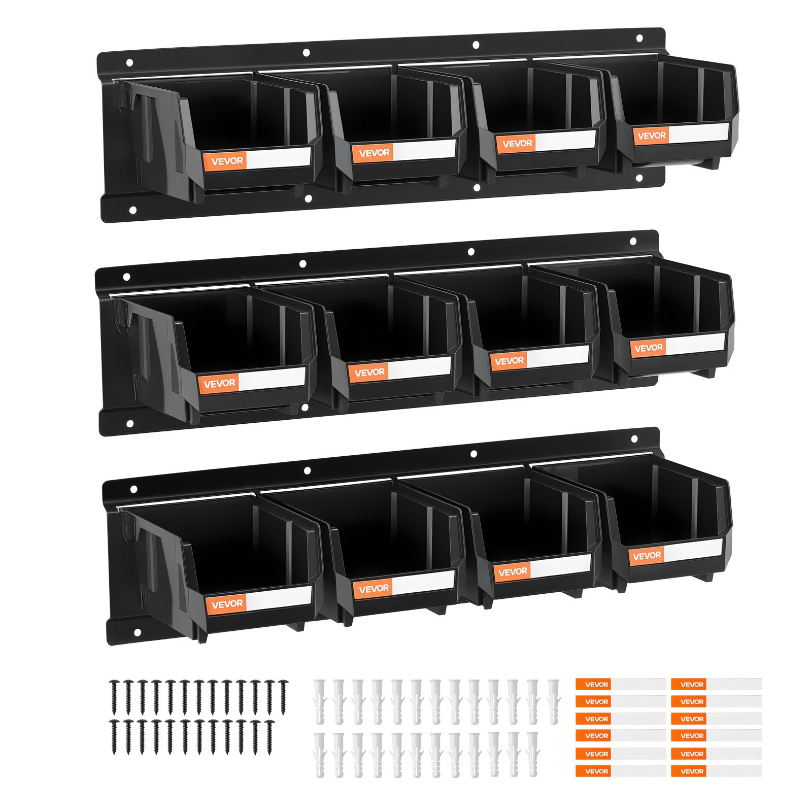 MH9JYIYCstoragebinsm10012 VEVORshoplv VEVOR 12 Wall Mounted Stackable Plastic Storage Bins with 3 Metal Rails