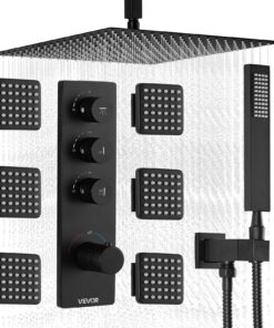 VEVOR Thermostatic Rain Shower System 406 mm Matte Black with 6 Body Jets