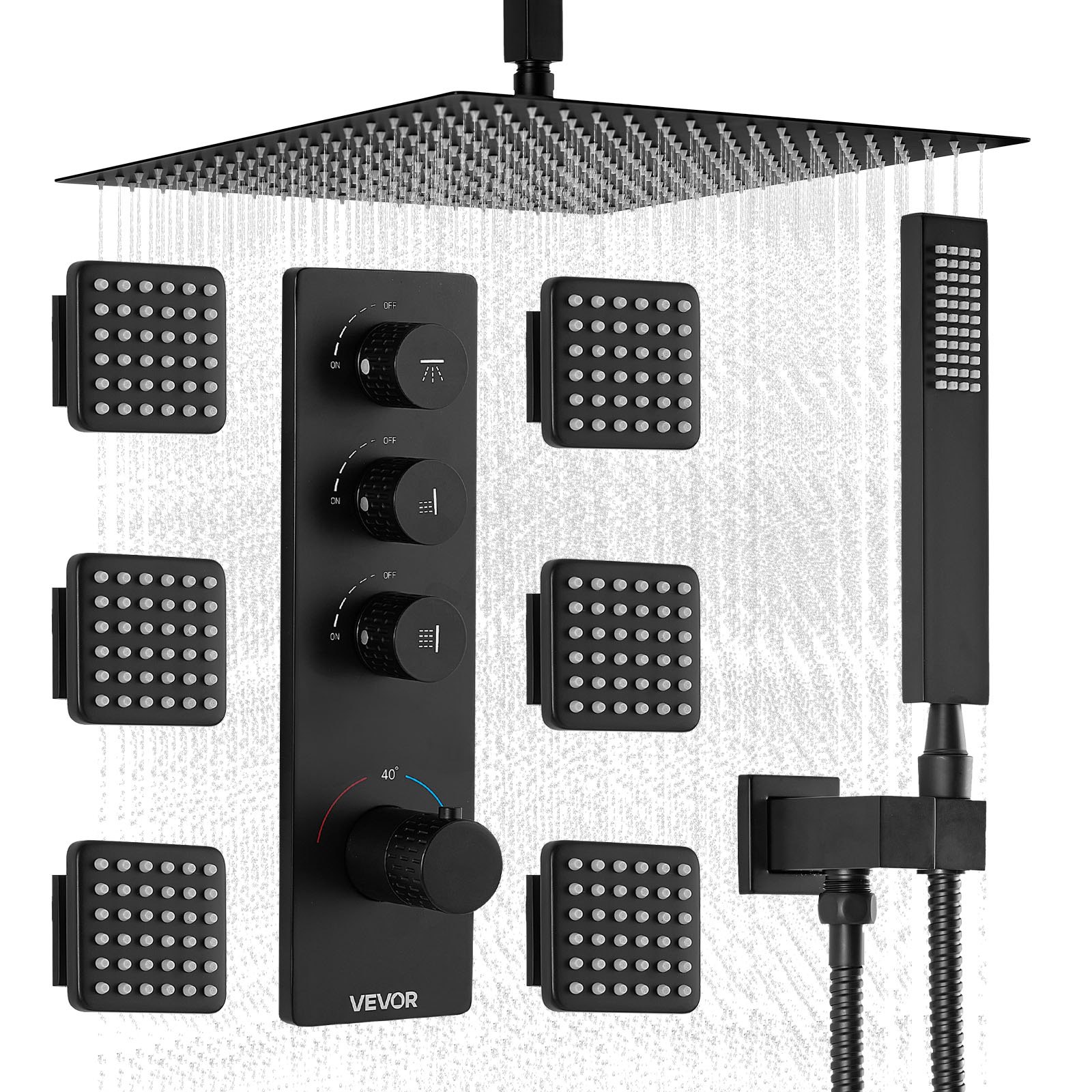 MHAG3PGSshowersystemm10012 VEVORshoplv VEVOR Thermostatic Rain Shower System 406 mm Matte Black with 6 Body Jets