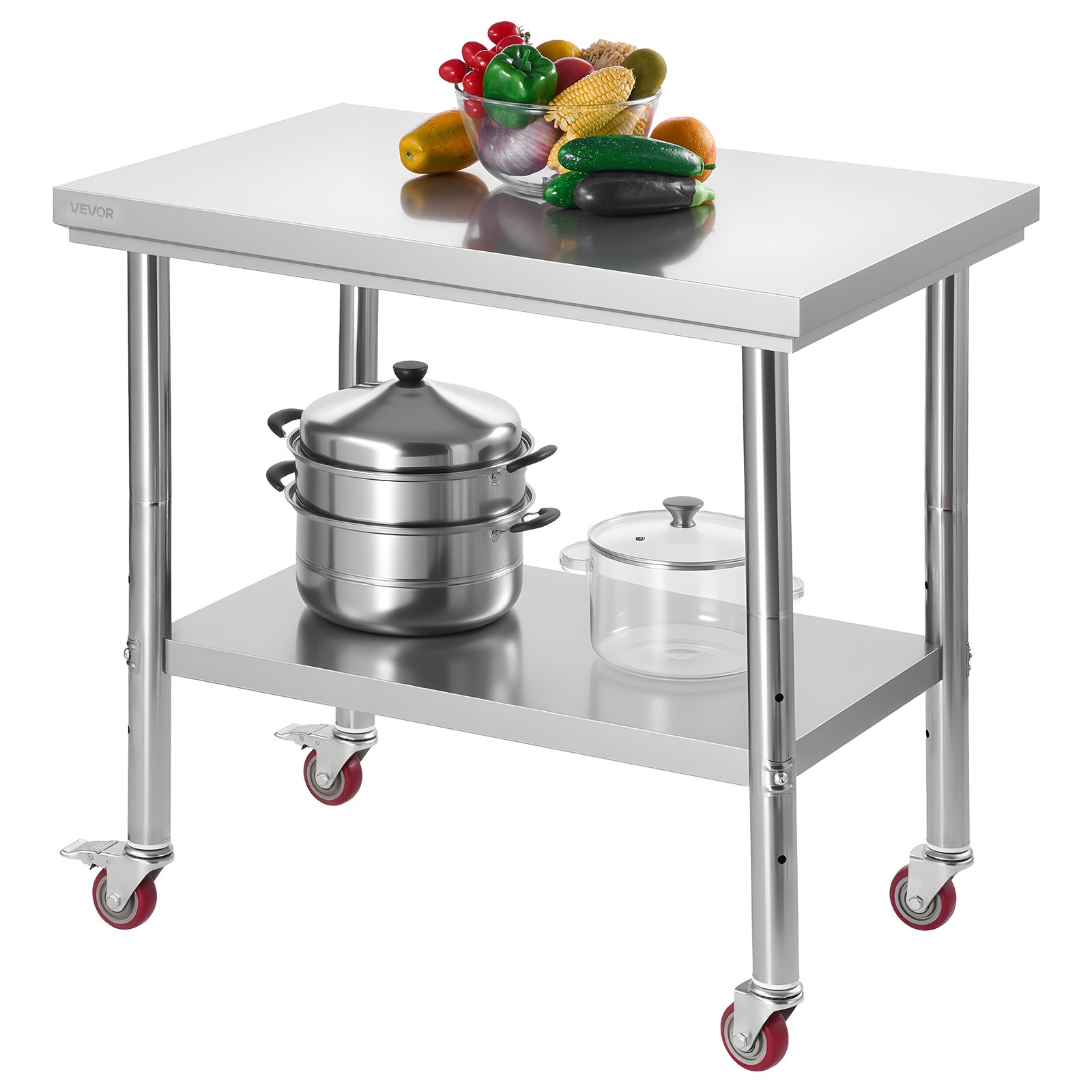 MHMKGL1Istainlesssteelworktablem10012 VEVORshoplv VEVOR 60x90 cm Stainless Steel Prep Table with Wheels Adjustable Shelf for Kitchen