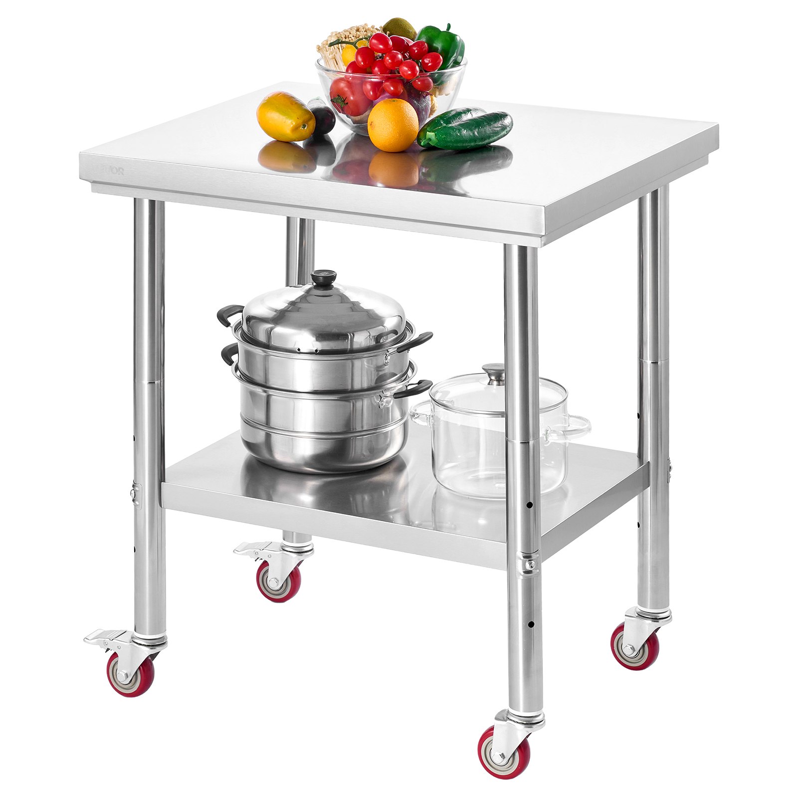 MHMKH4TZstainlesssteelworktablem10012 VEVORshoplv VEVOR Stainless Steel Work Table 60x76 cm with Wheels Adjustable Shelf Commercial Kitchen Prep Station
