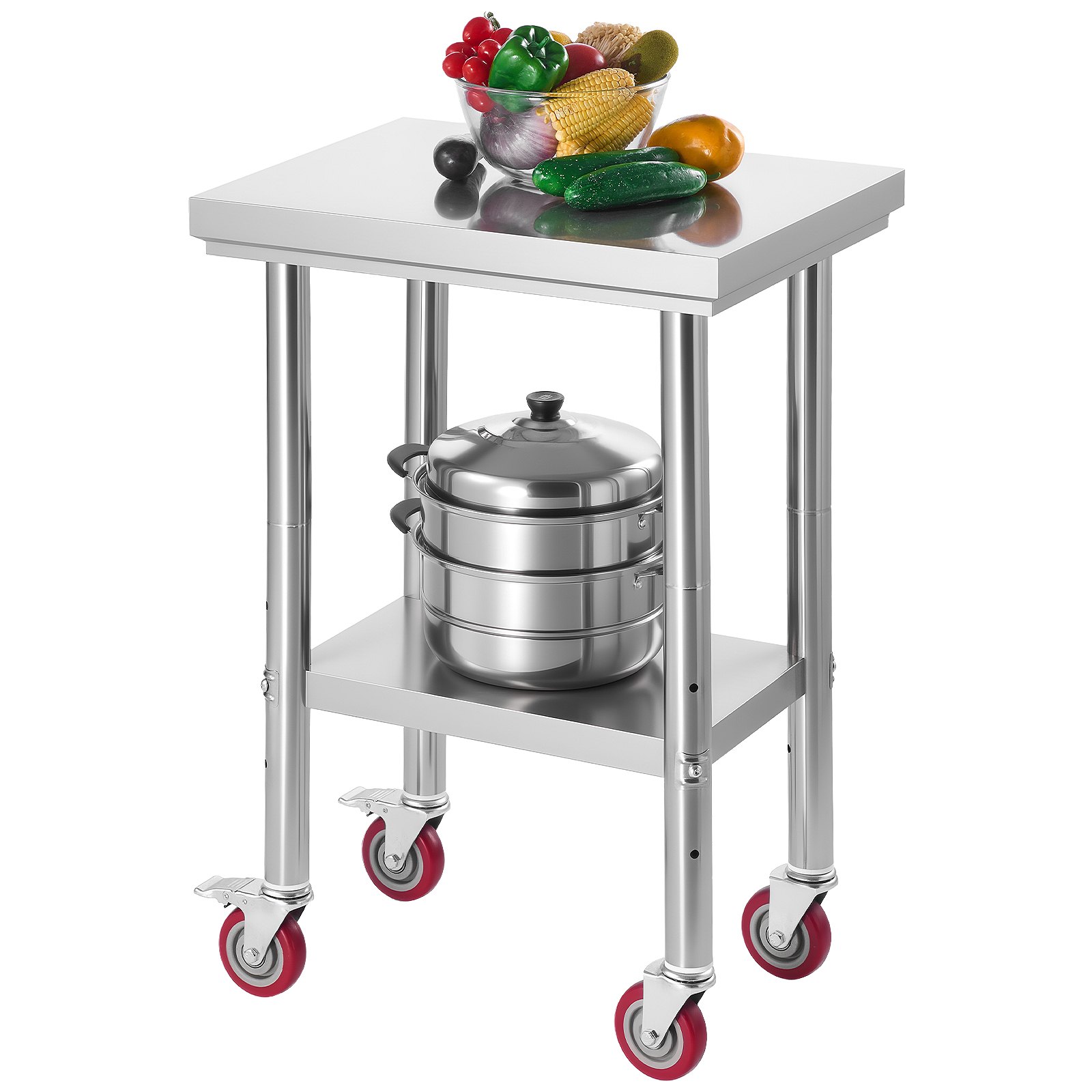 MHMKILXBstainlesssteelworktablem10012 VEVORshoplv VEVOR Stainless Steel Prep Table 61x45 cm with Wheels Adjustable Shelf for Commercial Kitchen