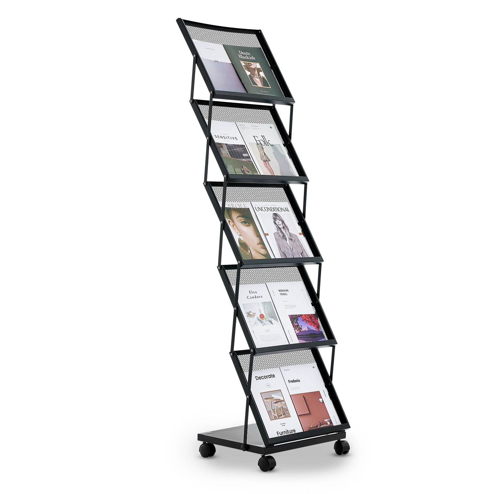 MHRPXERQfloormagazinerackm10012 VEVORshoplv VEVOR Foldable 5 Pocket Metal Magazine Rack with Wheels