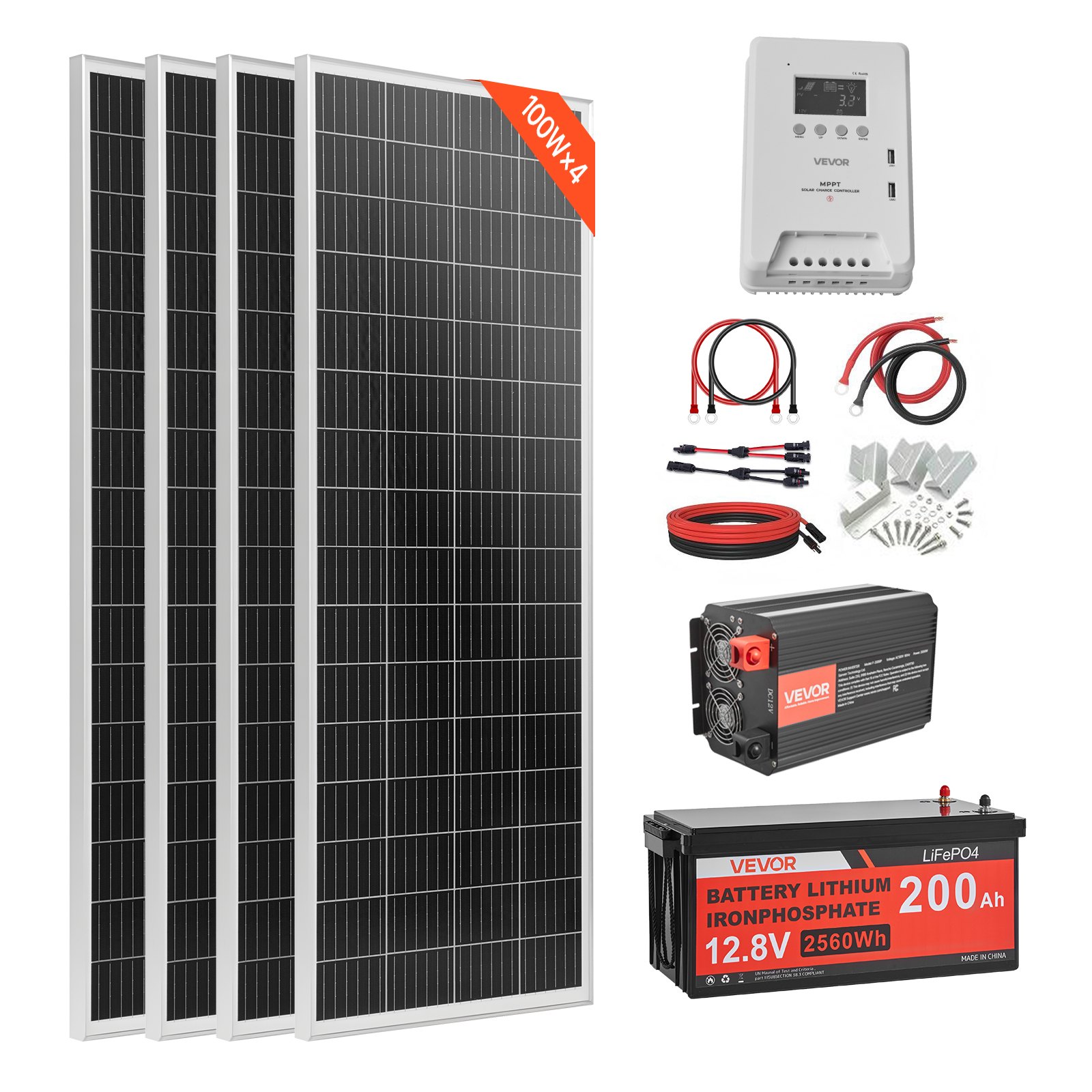 MHUKR350solarpanelkitm10012 VEVORshoplv VEVOR 400W 12V Solar Power Kit with 4x100W Panels