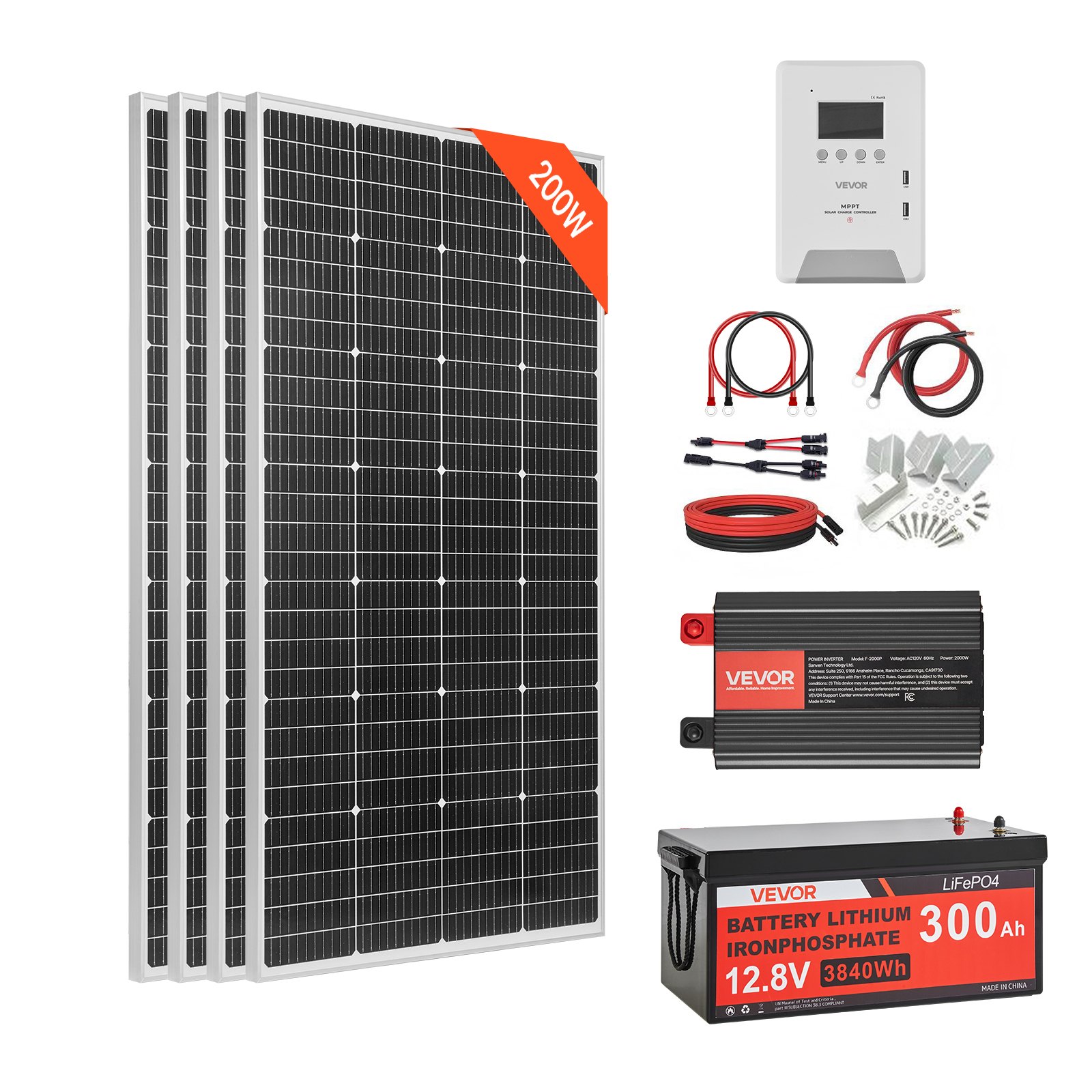 MHUKR7LXsolarpanelkitm10012 VEVORshoplv VEVOR 800W 12V Off Grid Solar Power Kit with 4×200W Panels
