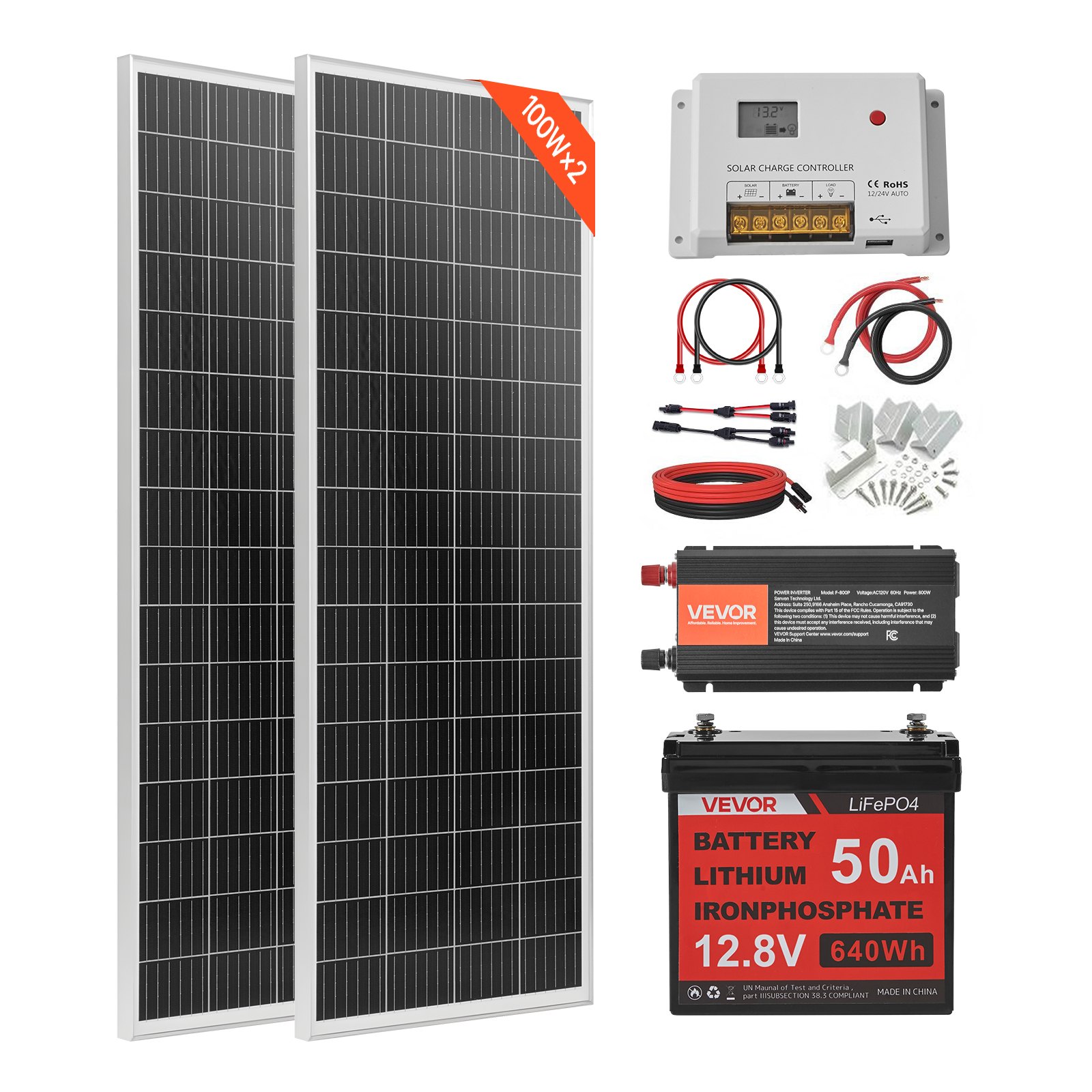 MHUKRW73solarpanelkitm10012 VEVORshoplv VEVOR 200W 12V Solar Power Kit with 2x100W Panels