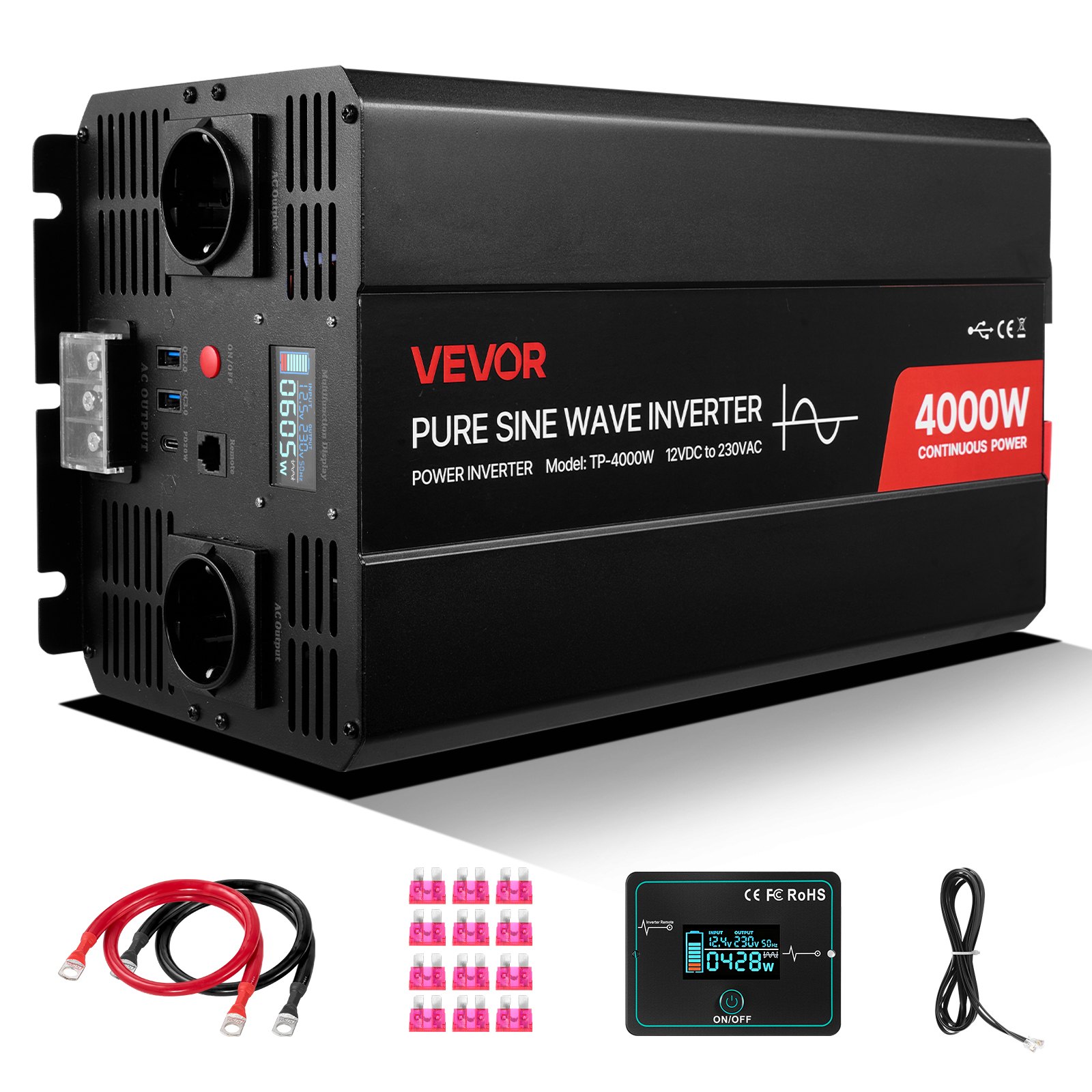 MHYEYS5Cpowerinverterukm10012 VEVORshoplv VEVOR 4000W Pure Sine Wave Power Inverter 12V to 230V with LCD