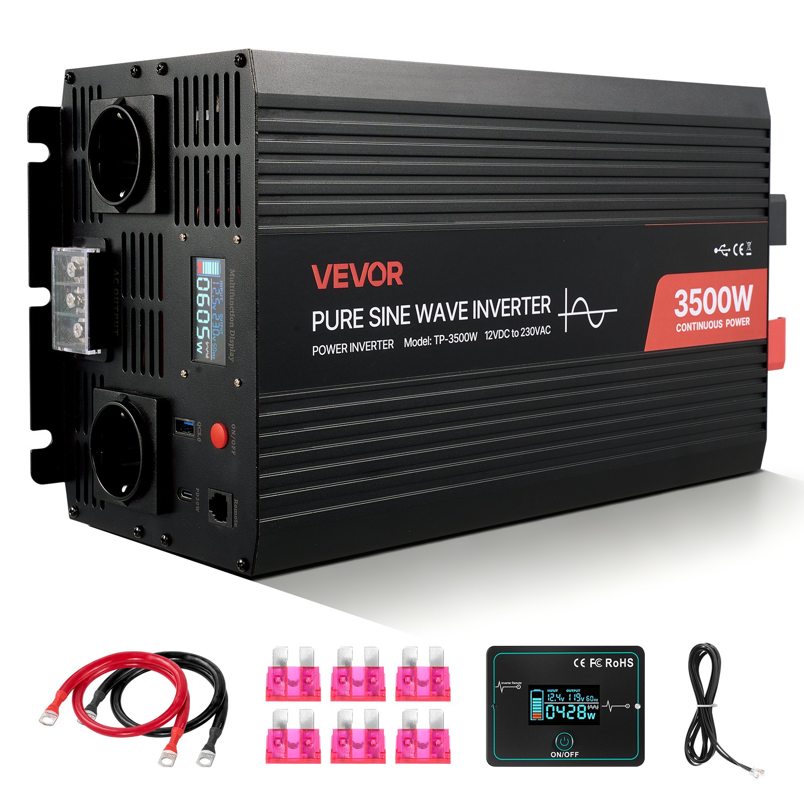 MHYEZ3BHpowerinverterm10012 VEVORshoplv VEVOR 3500W 12V to 230V Pure Sine Wave Power Inverter with LCD