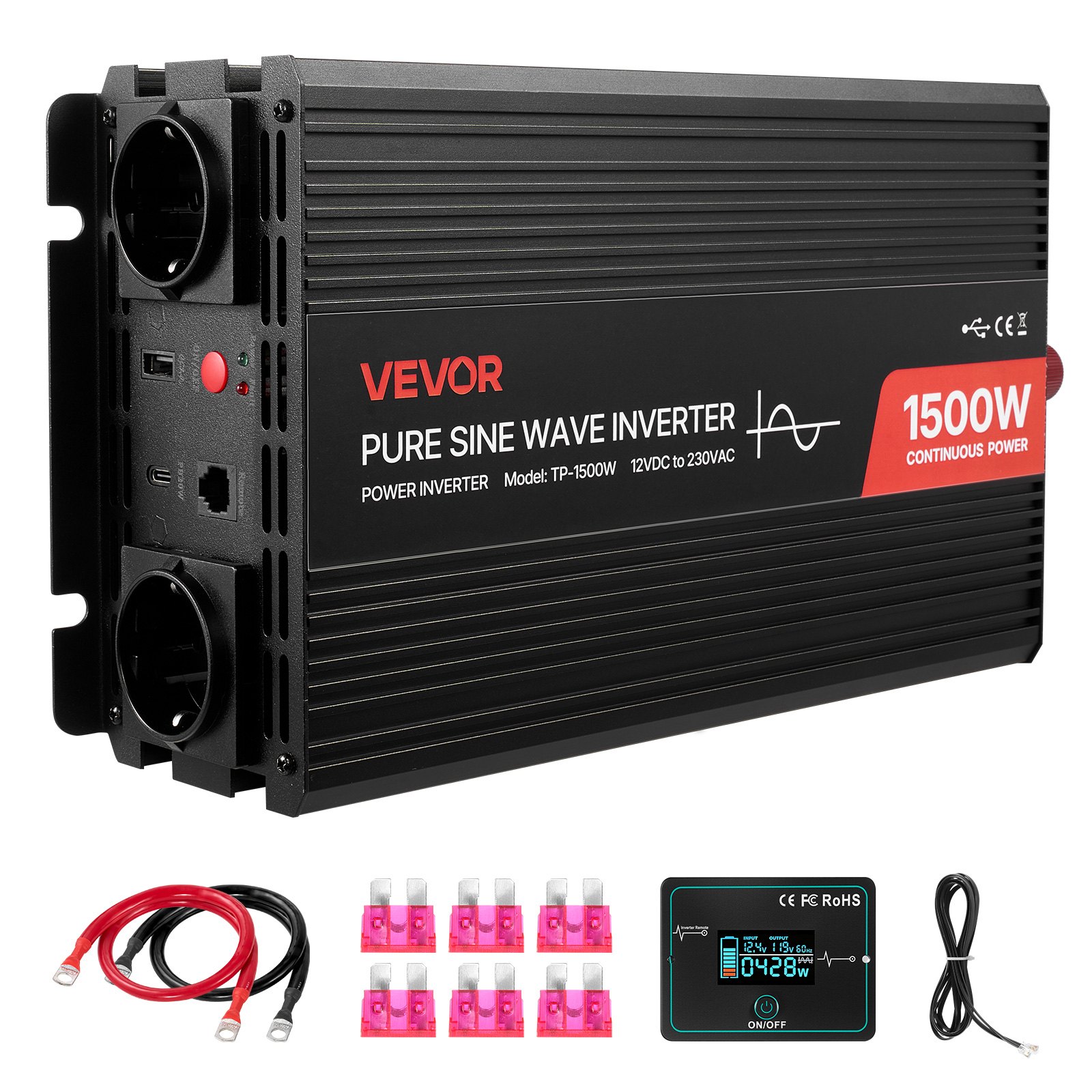 MHYEZM5Fpowerinverterukm10012 VEVORshoplv VEVOR 1500W Pure Sine Wave Inverter 12V DC to 230V AC with USB