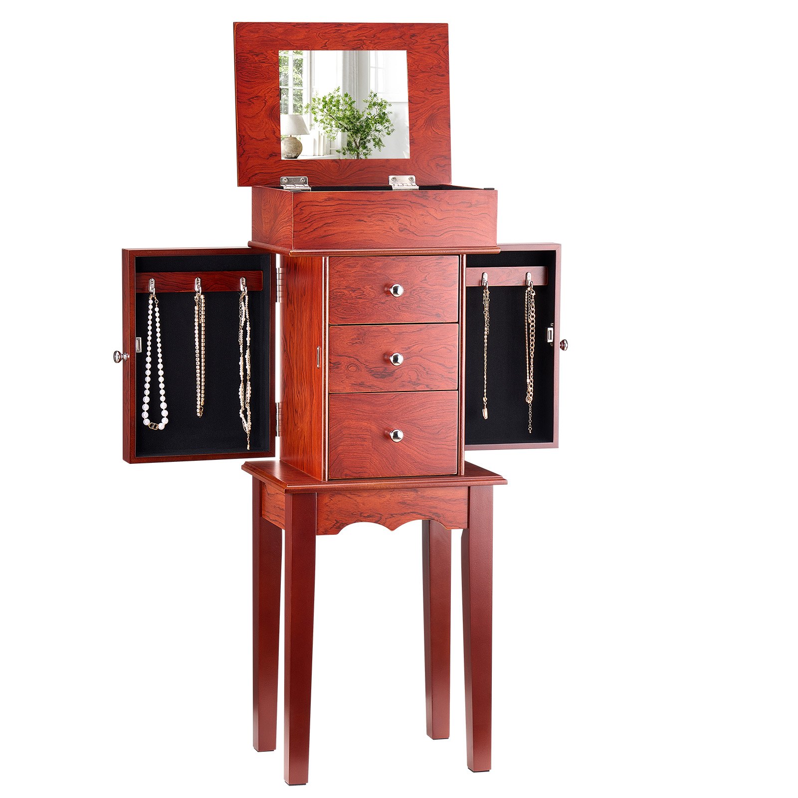 MHZUHSNCjewelryarmoirecabinetm10012 VEVORshoplv VEVOR Standing Wooden Jewelry Armoire with Mirror