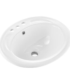 VEVOR 485x425 mm Semi Recessed Oval Ceramic Bathroom Sink with Overflow & 3 Faucet Holes – White Drop-In Wash Basin