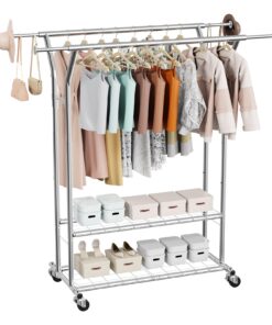 VEVOR Adjustable Rolling Clothes Rack with 2 Hanging Rods & Shelves