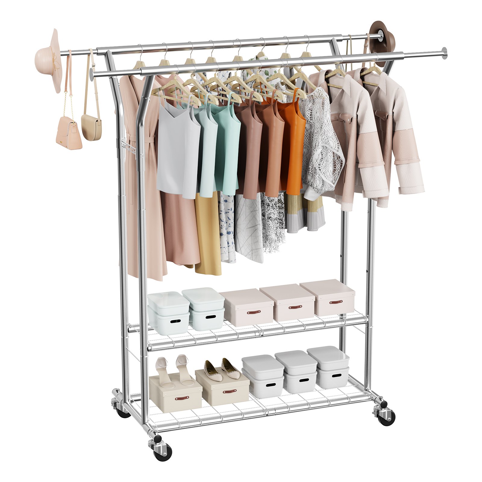 MICX221Wclothesrackm10012 VEVORshoplv VEVOR Adjustable Rolling Clothes Rack with 2 Hanging Rods Shelves