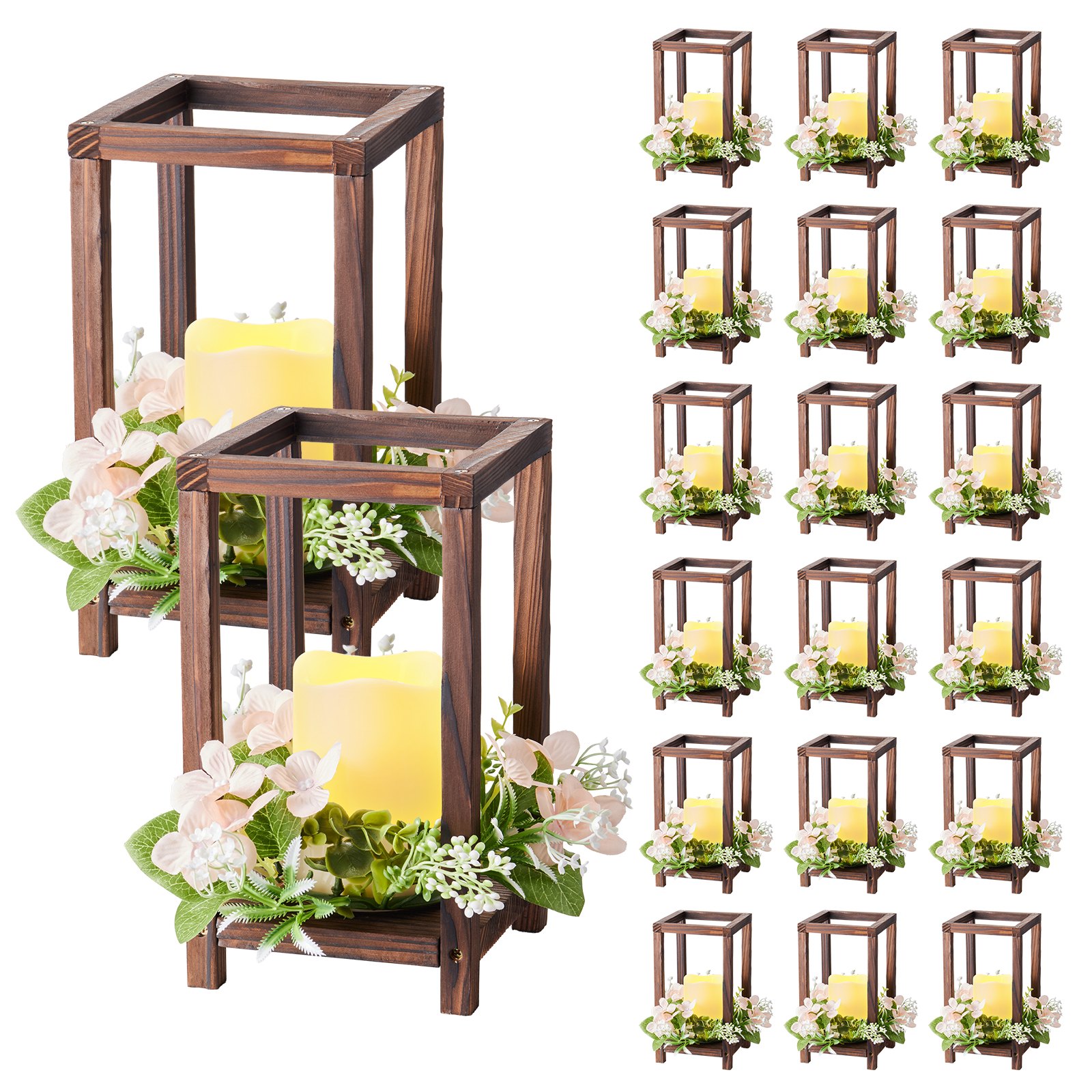 MIFKDX2Eweddinglanternm10012 VEVORshoplv VEVOR 20 Set Wooden Lantern Centerpiece with LED Candles Flower Wreaths