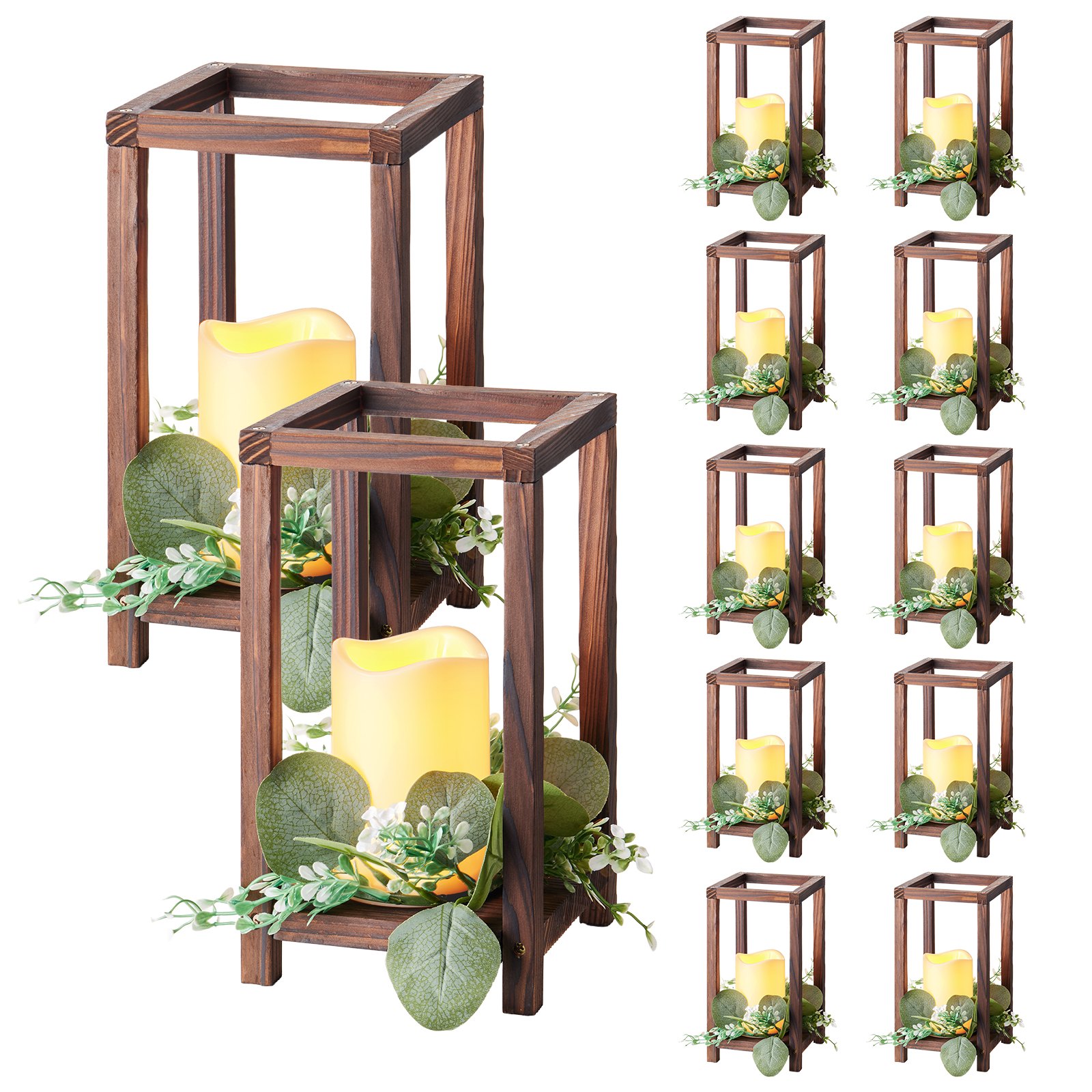 MIFKE13Yweddinglanternm10012 VEVORshoplv VEVOR 12 Set Wooden Lantern Centerpieces with LED Candles Eucalyptus Wreaths