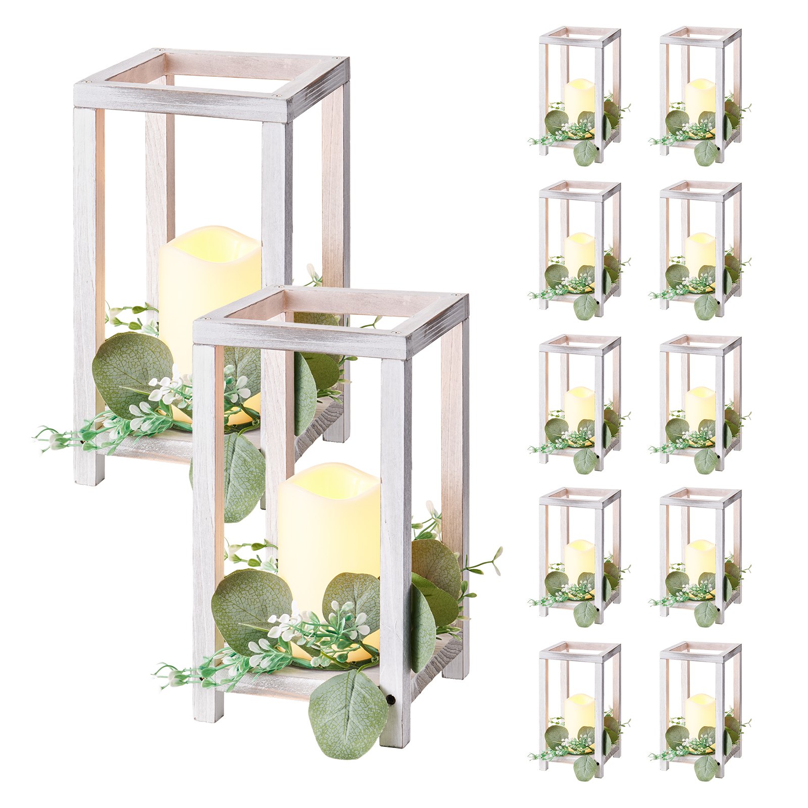 MIFKELMOweddinglanternm10012 VEVORshoplv VEVOR 12 Wooden Lantern Centerpieces with LED Candles Eucalyptus Wreaths