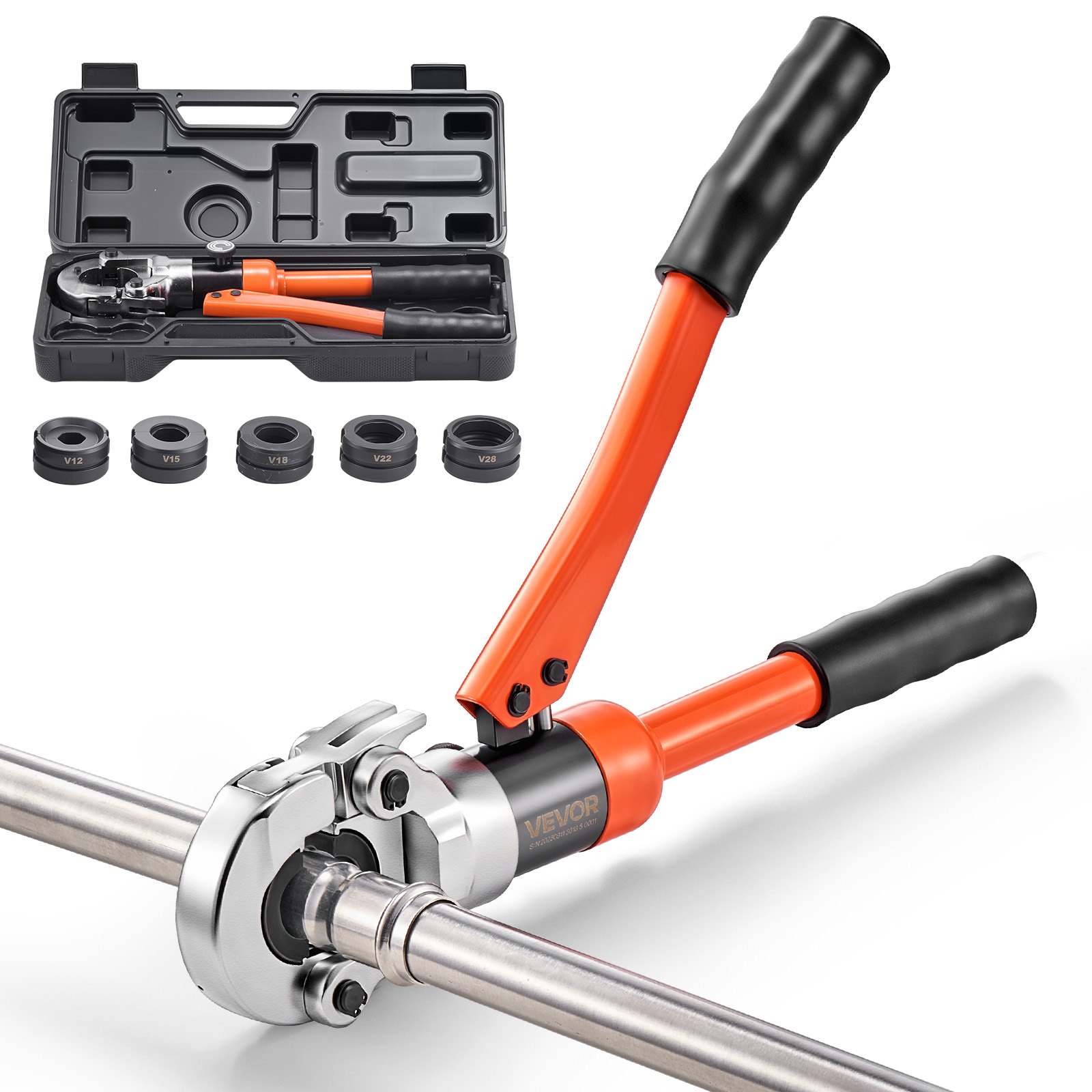 MIG0JI1Upipecrimpingtoolm10012 VEVORshoplv VEVOR Hydraulic Pipe Crimping Tool Kit with 5 Jaws 1228 mm