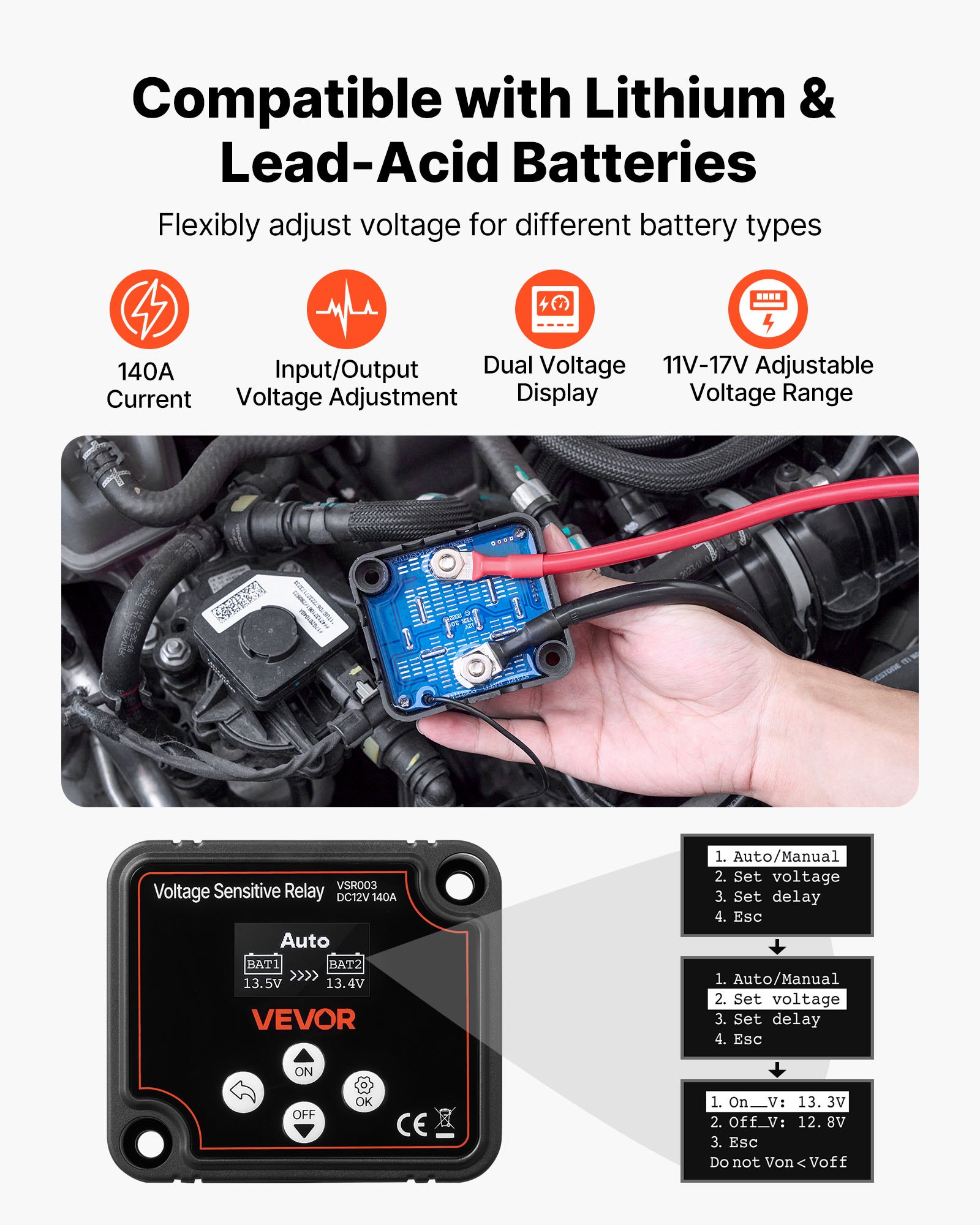 MJ2FNUMQbatteryisolatorf1 VEVORshoplv Smart VSR Relay for Lithium Lead Acid Batteries in Cars