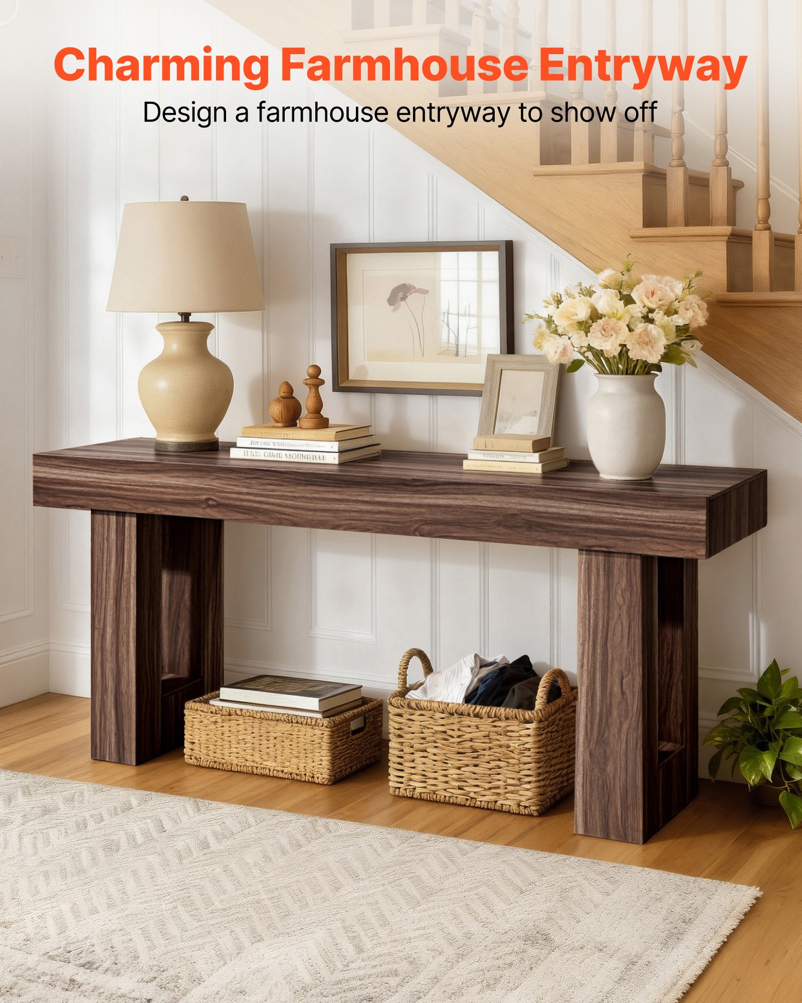 MJ85MFL4entrywaytablef1 VEVORshoplv Wooden Entryway Sofa Table with Storage Shelves