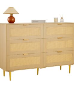VEVOR 6-Drawer Rattan Dresser – Modern Wood Chest with Metal Legs & Handles for Bedroom