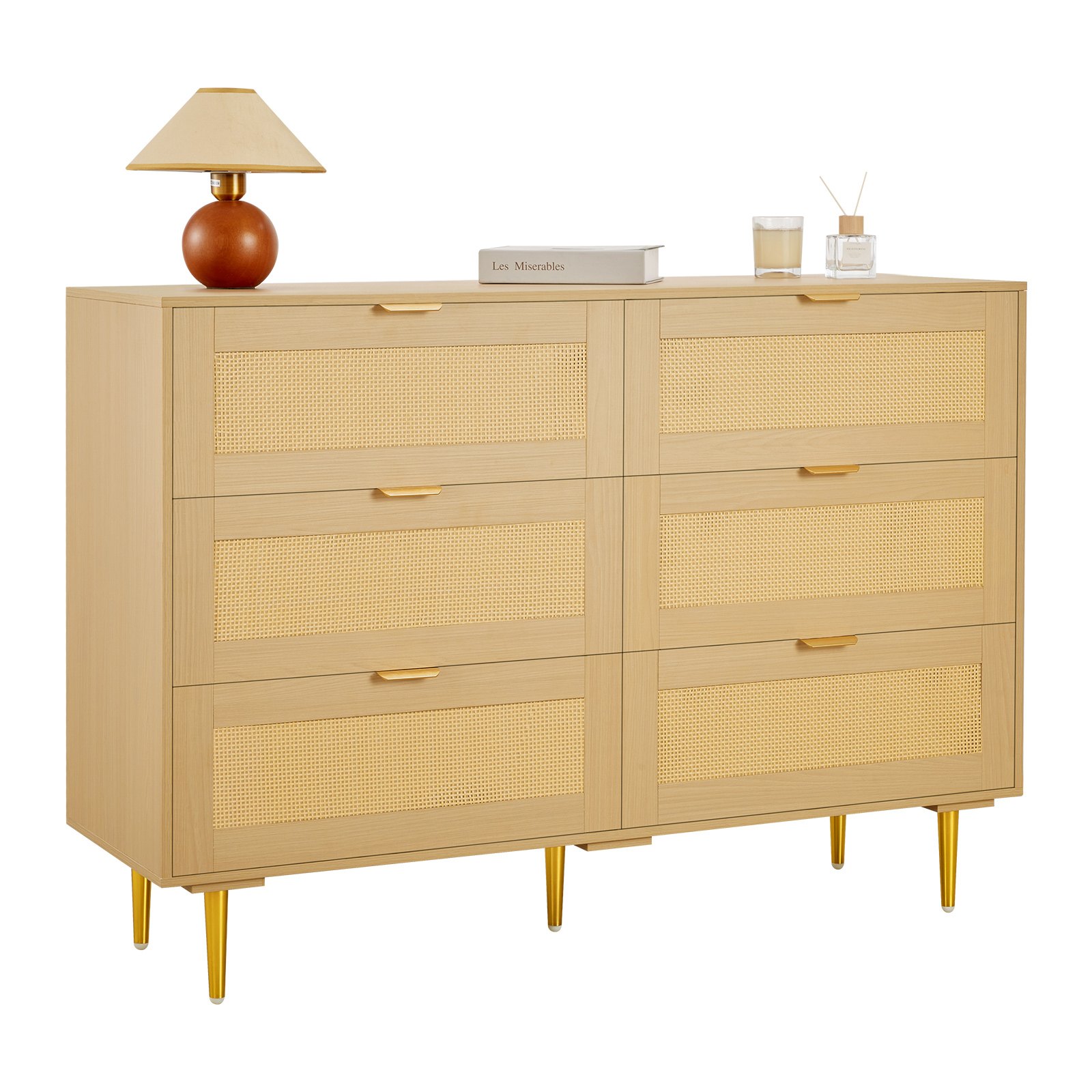 MJ85MR94drawerdresserm10012 VEVORshoplv VEVOR 6 Drawer Rattan Dresser Modern Wood Chest with Metal Legs Handles for Bedroom