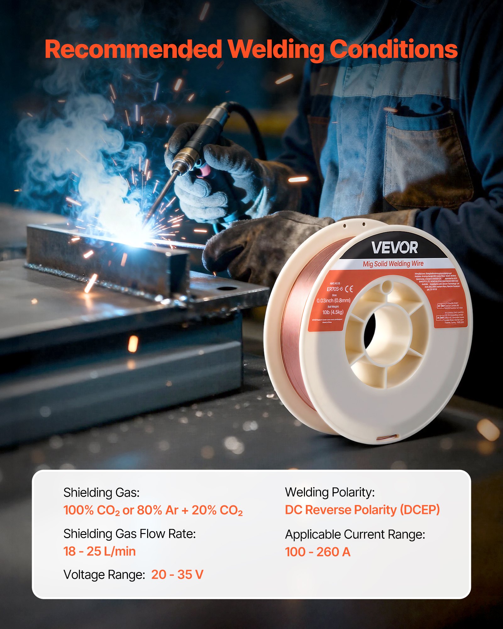 VEVOR Solid MIG Welding Wire ER70S-6, 0.8mm 4.5kg Spool, Low-Spatter Mild Steel Wire for All-Position CO₂/Ar+CO₂ Welding — изображение 6