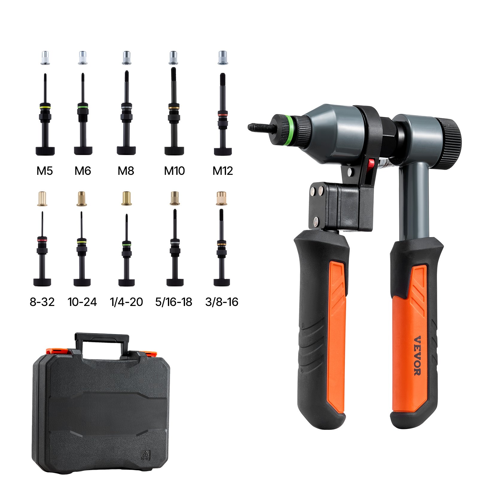 MKYE61C4riveterm10012 VEVORshoplv VEVOR 210 mm Rivet Nut Tool Kit with 10 Mandrels 100 Nuts