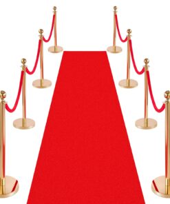 VEVOR 8-Piece Gold Stanchion Set with Red Velvet Ropes & Carpet – Crowd Control Barrier for Events