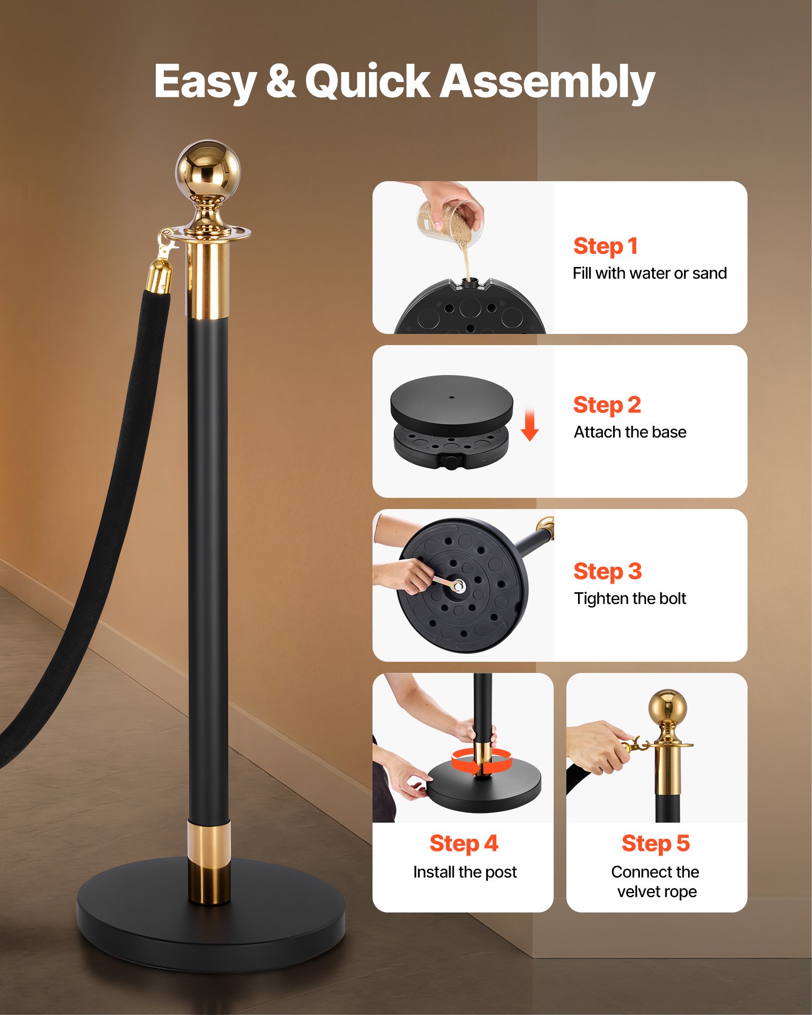 VEVOR 8-Piece Crowd Control Stanchion Set with 6 Black Velvet Ropes, Stainless Steel Posts with Fillable Base for Events — изображение 5