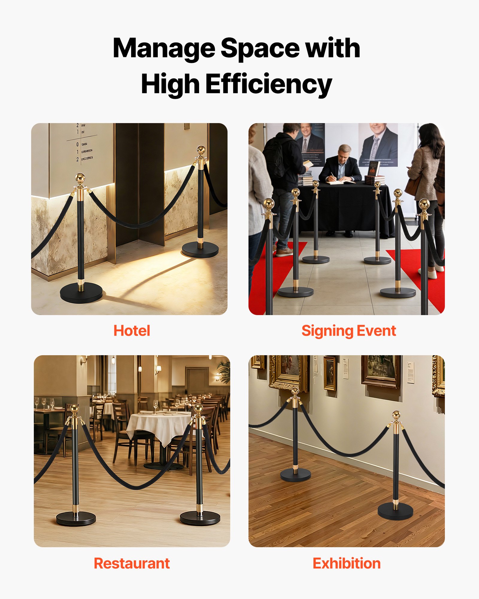 VEVOR 8-Piece Crowd Control Stanchion Set with 6 Black Velvet Ropes, Stainless Steel Posts with Fillable Base for Events — изображение 6