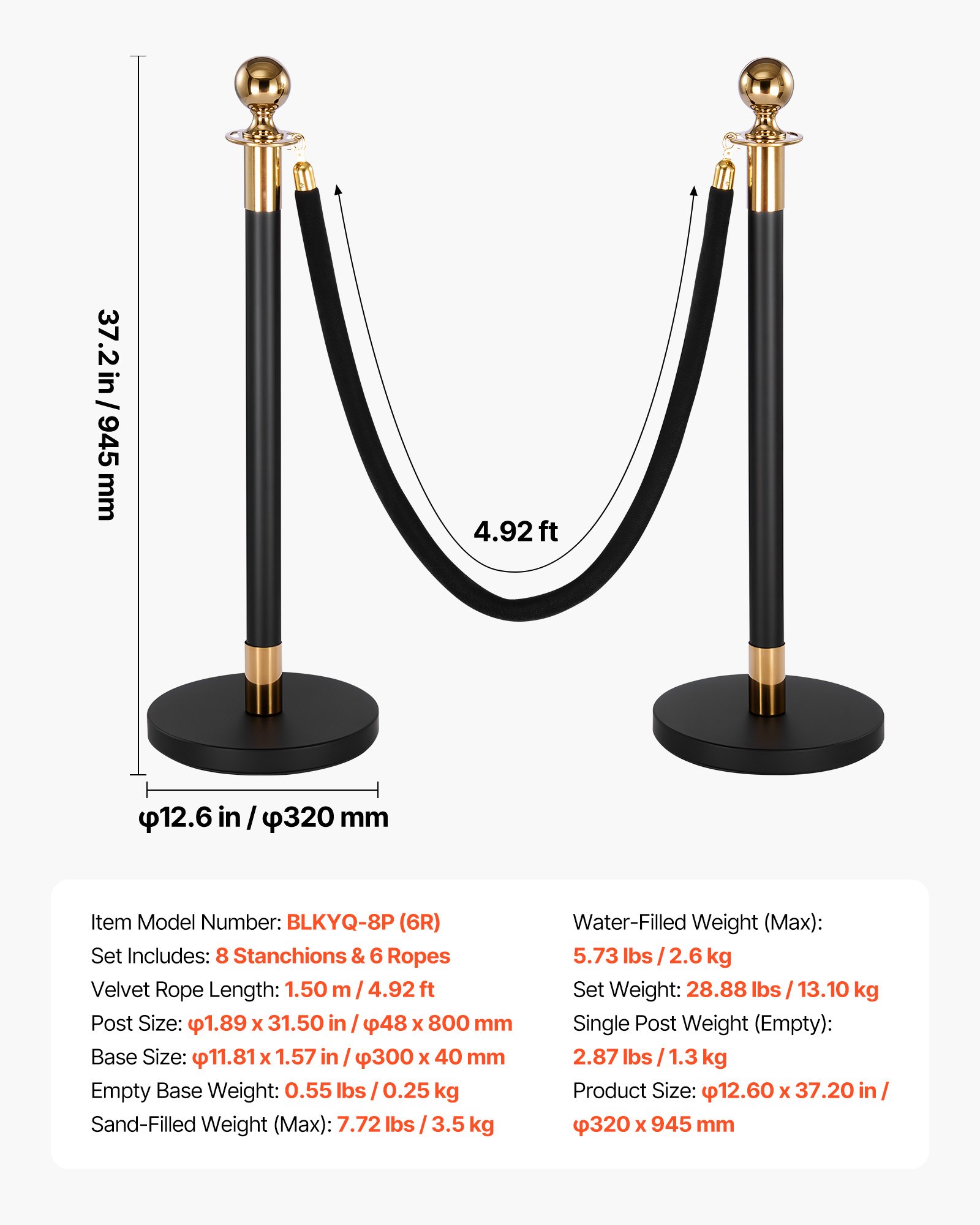 VEVOR 8-Piece Crowd Control Stanchion Set with 6 Black Velvet Ropes, Stainless Steel Posts with Fillable Base for Events — изображение 7
