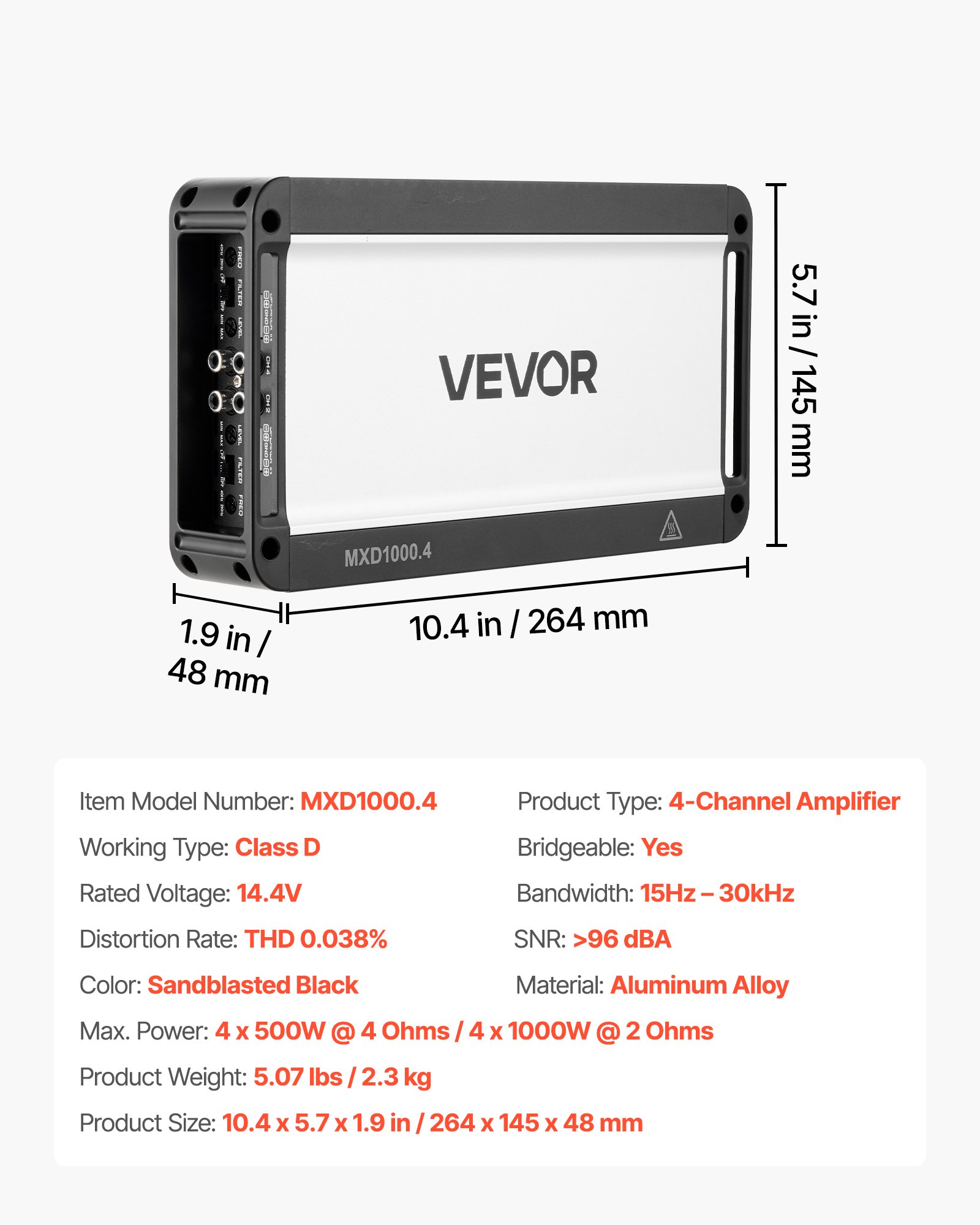 VEVOR 4-Channel Class D Bridgeable Car Audio Amplifier, 4 x 500W/4 x 1000W, High Power Stereo Amp for 12V Vehicles — изображение 7