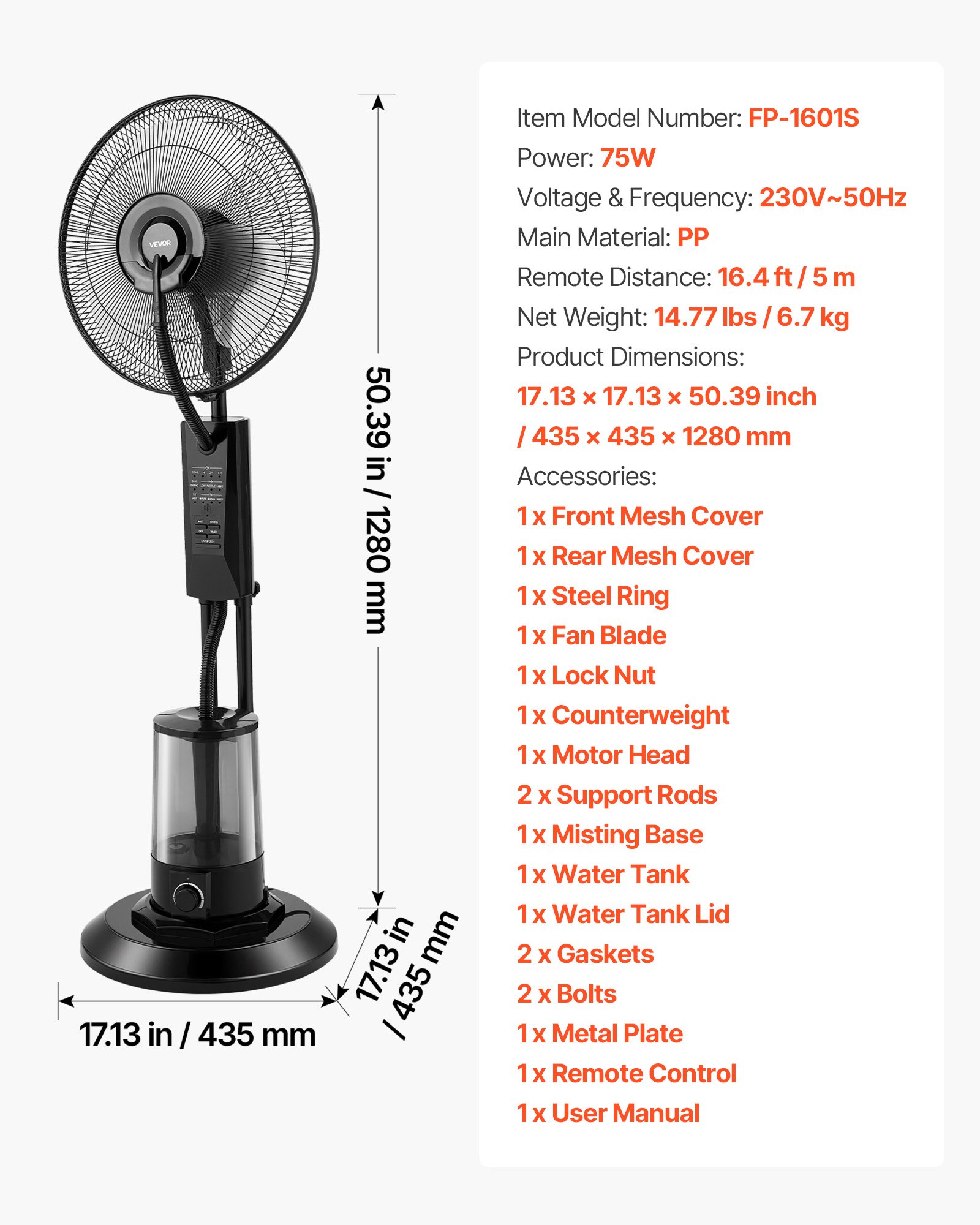 VEVOR 3-Speed Misting Standing Fan 3L with Remote, 3 Modes, Timer, Quiet Water Cooling for Indoor Outdoor Patio Garage - Зображення 7