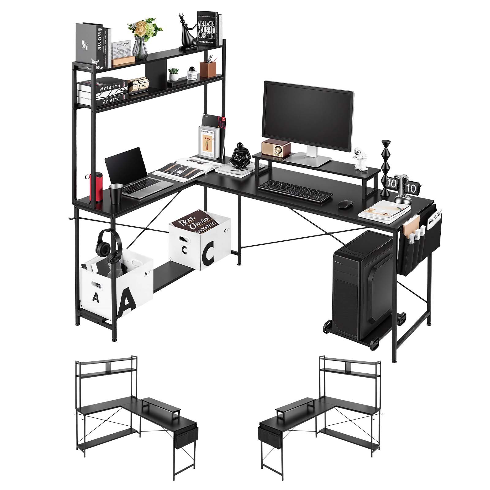 VEVOR 1.7 m Reversible L-Shaped Gaming Computer Desk with Monitor Shelf